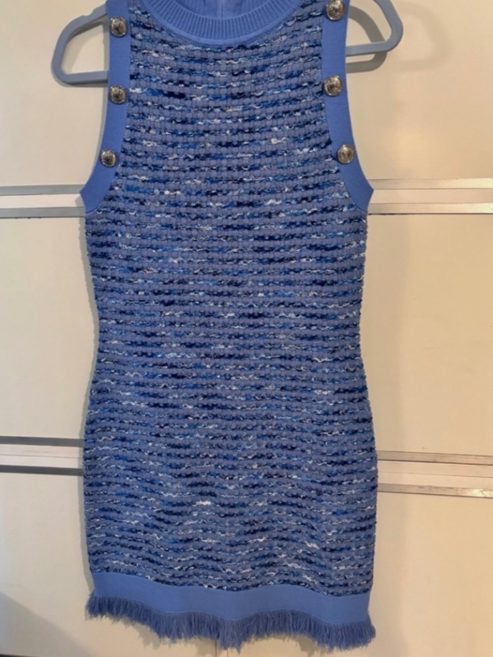 Milly Tweed Knit Halter Fringe Mini Dress Blue Sz Small